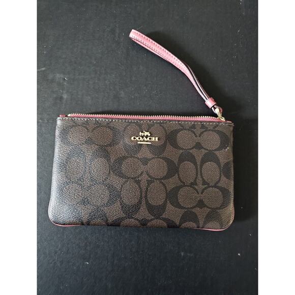 Coach Large Wristlet Wallet Womens Brown Leather In Signature Canvas Logo - Picture 1 of 5
